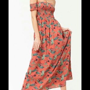 Birds Of Paradise Boho Off The Shoulder Salmon Maxi Dress L Tropical Resortware